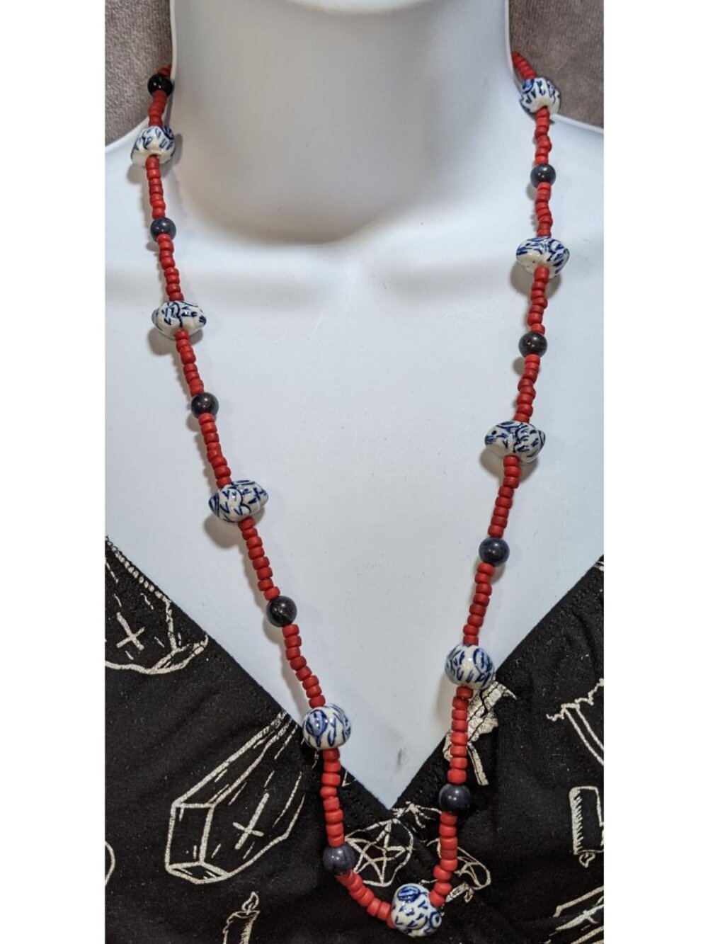 Vintage Glass Beaded Necklace Hand Painted Porcelain Bunny Beads Red Blue White